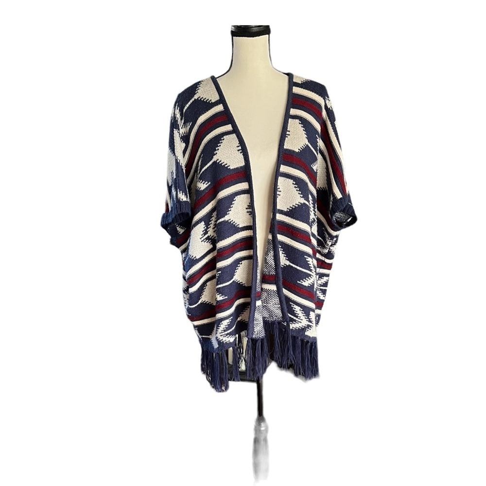Southwestern fringed WF sweater, poncho, open front cardigan, size large